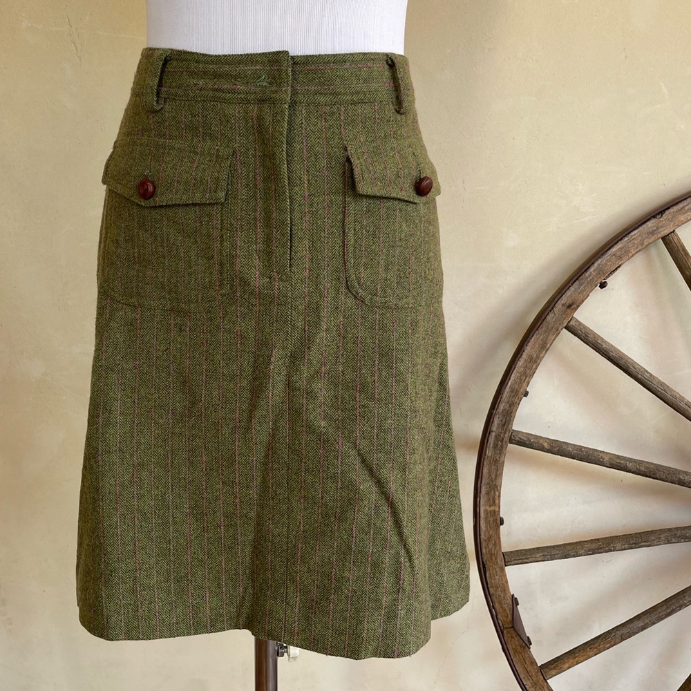 LILLY PULITZER Lined Skirt Wool Spandex Olive Green Herringbone w/Pink Stripes 2